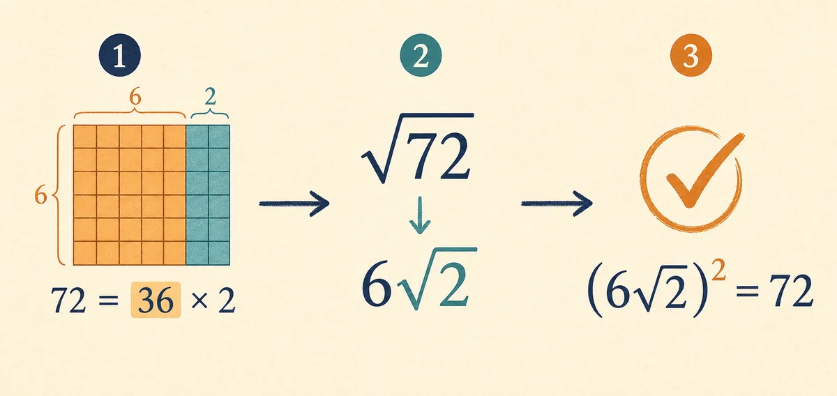 √72を6√2へ簡単化する平方根計算の手順図